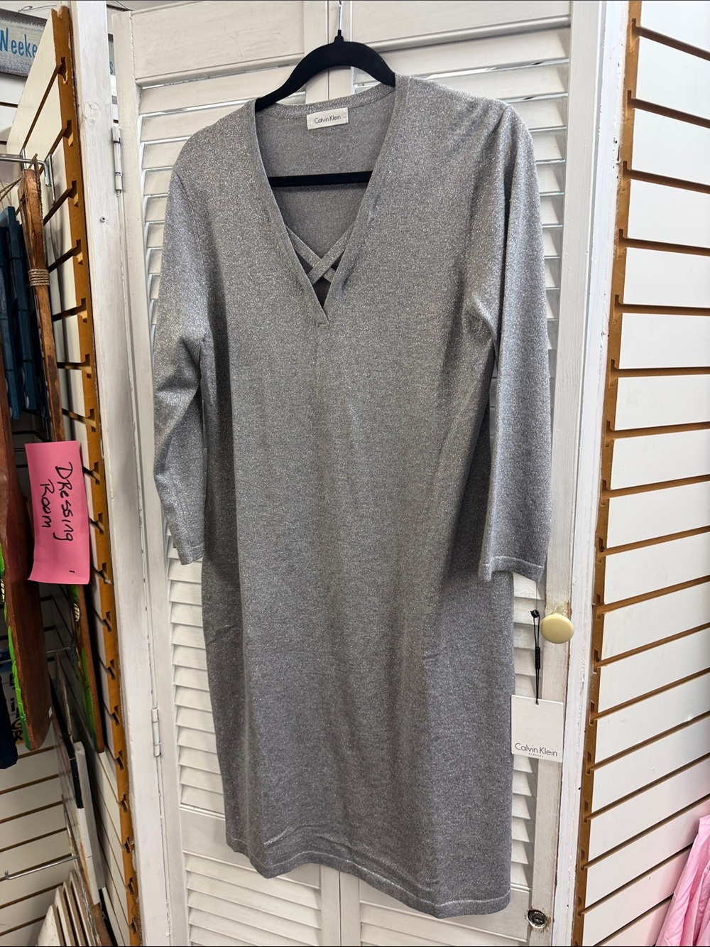 Calvin Klein Silver V-Neck Crisscross Midi Dress
